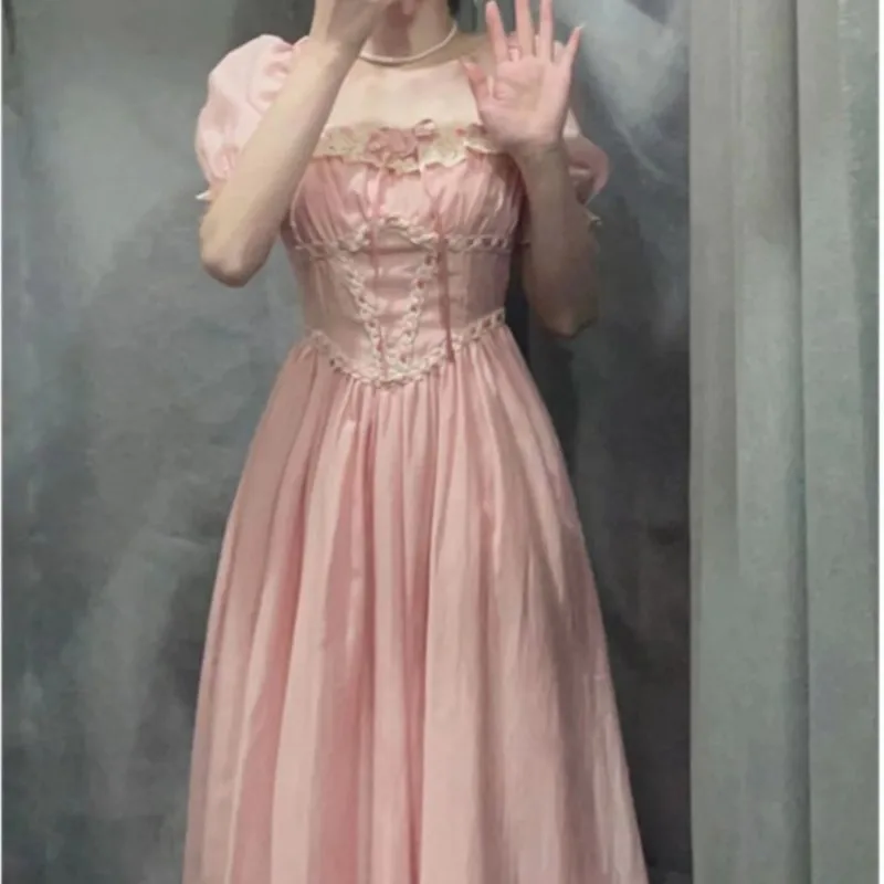 Элегантное темпераментное модное розовое платье с рукавами-фонариками