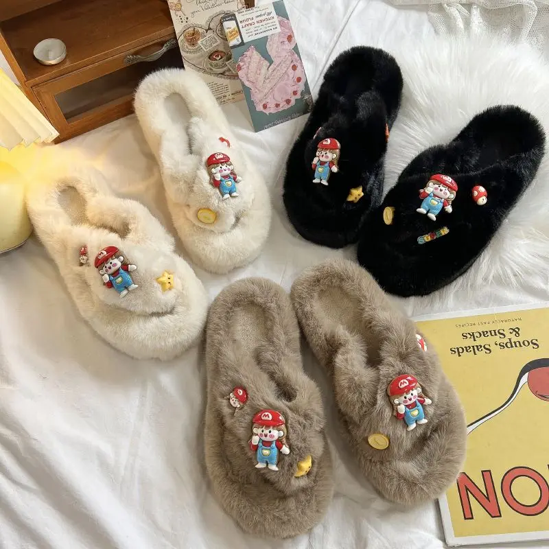 

Cartoon Super Mario girl sweet and cute furry cotton slippers for outer wear with a sense of shit stepping on winter slippers