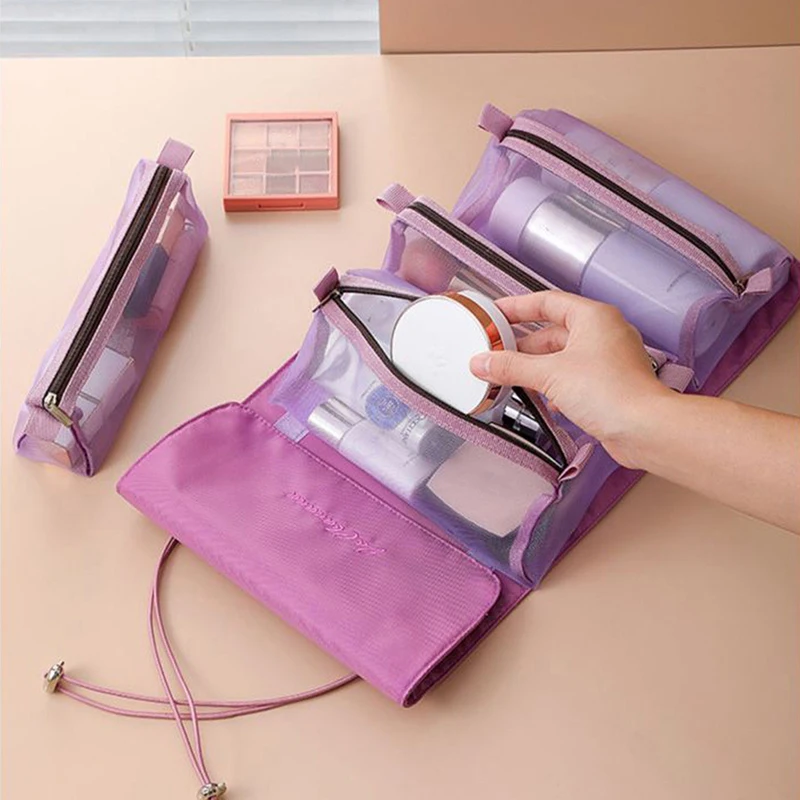 

Travel Large Portable Pouch Women Bag Wash Storage 1 Capacity In Foldable 4pcs Makeup Detachable Zipper Cosmetics Bag Mesh