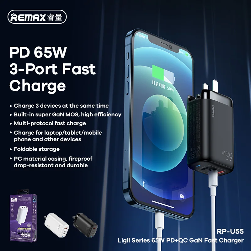 

Remax 65W GaN Charger Quick Charge 3.0 2.0 Type C PD USB Charger with QC 3.0 2.0 Portable Fast Charger For Laptop iPhone 13 Pro