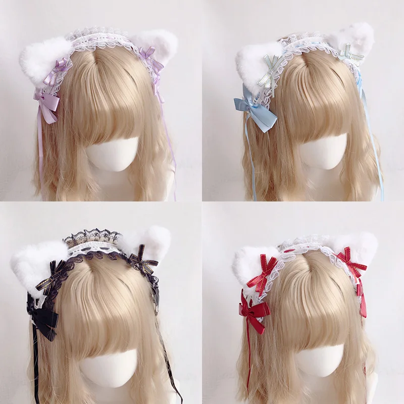 

Sweet Lace Hairpin Headdress Lolita Cat Ear Hairband for Women Cosplay Anime Headbands Plush Faux Fur Ears Ribbon Bow Hair Hoop