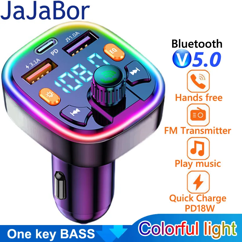 

JaJaBor Car FM Transmitter USB Disk Playback Type C PD 18W 3.1A USB Fast Charging Handsfree Bluetooth 5.0 Car Kit FM Modulator