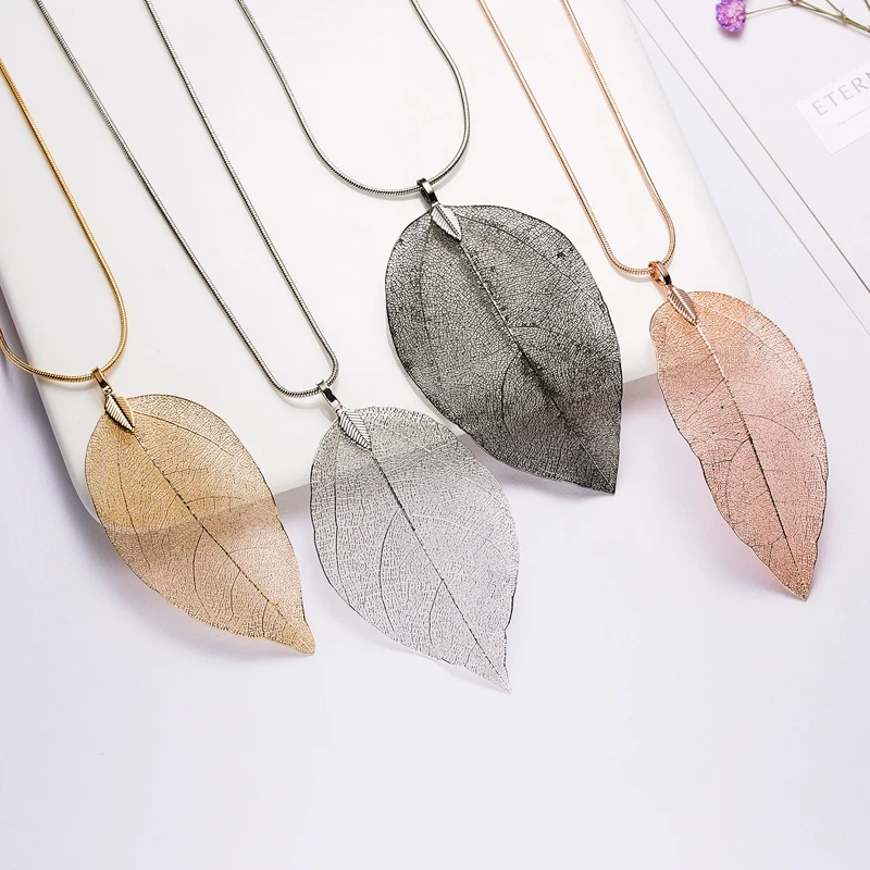 

New Fashion Natural Leaves Plant Pendant Necklace Bohmian Long Chain Charm Collar Neck Necklace for Women Jewelry Gift Wholesale