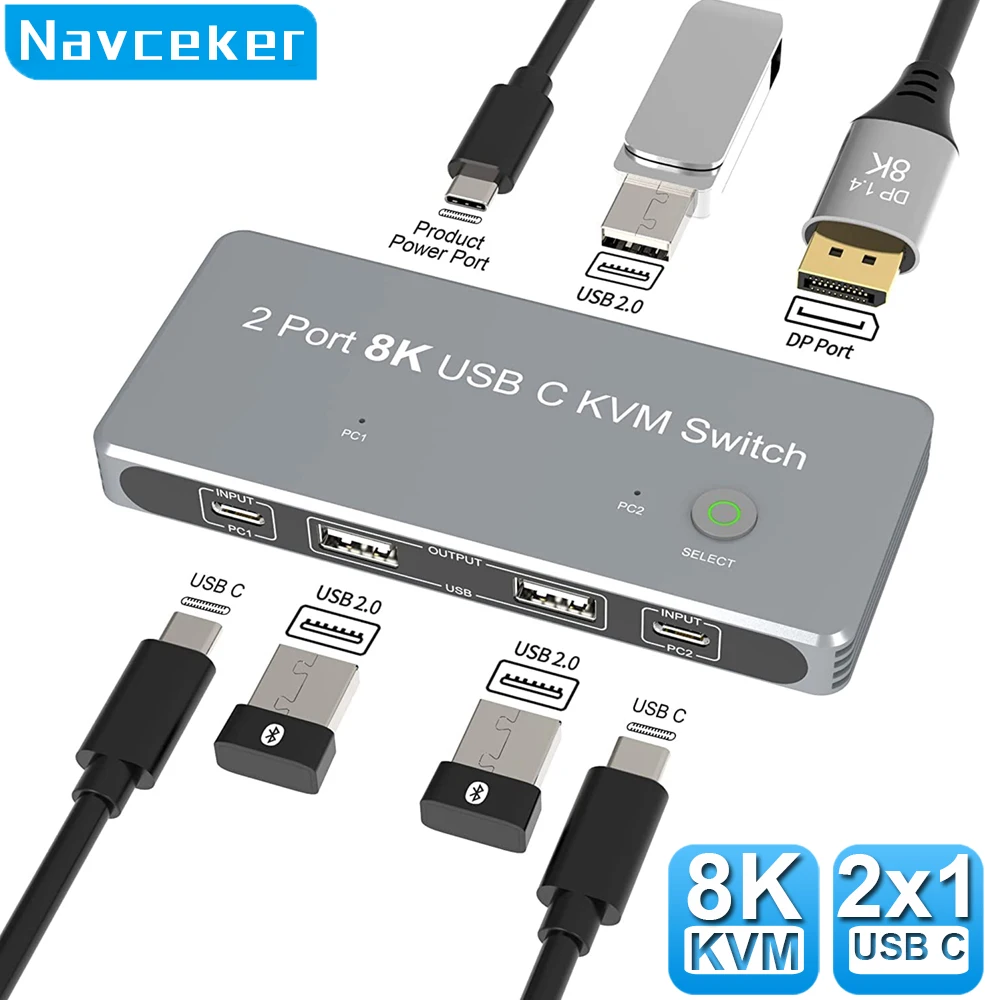 Navceker Thunderbolt 3 4 USB C KVM Switch 4K 144Hz USB 2.0 KVM Switch USB 8K 60Hz 1080 @ 165Hz USB KVM Switcher per Laptop Macbook