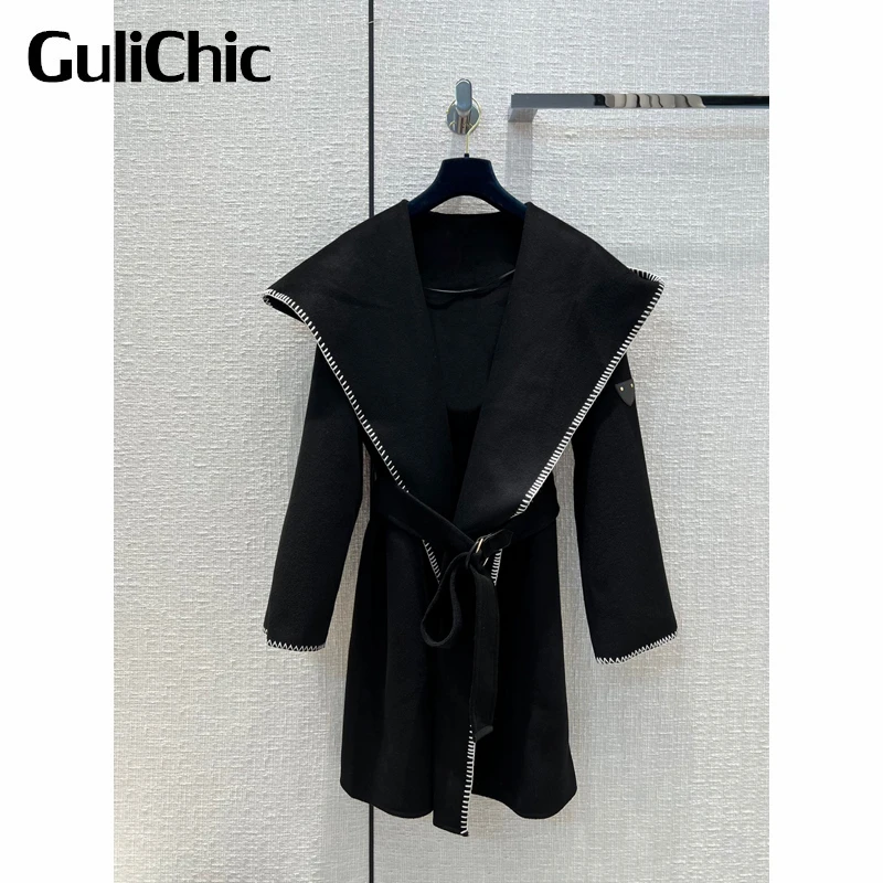 

9.19 GuliChic Women Temperament With Belt Loose Hooded Midi Double-Sided Wool Coat