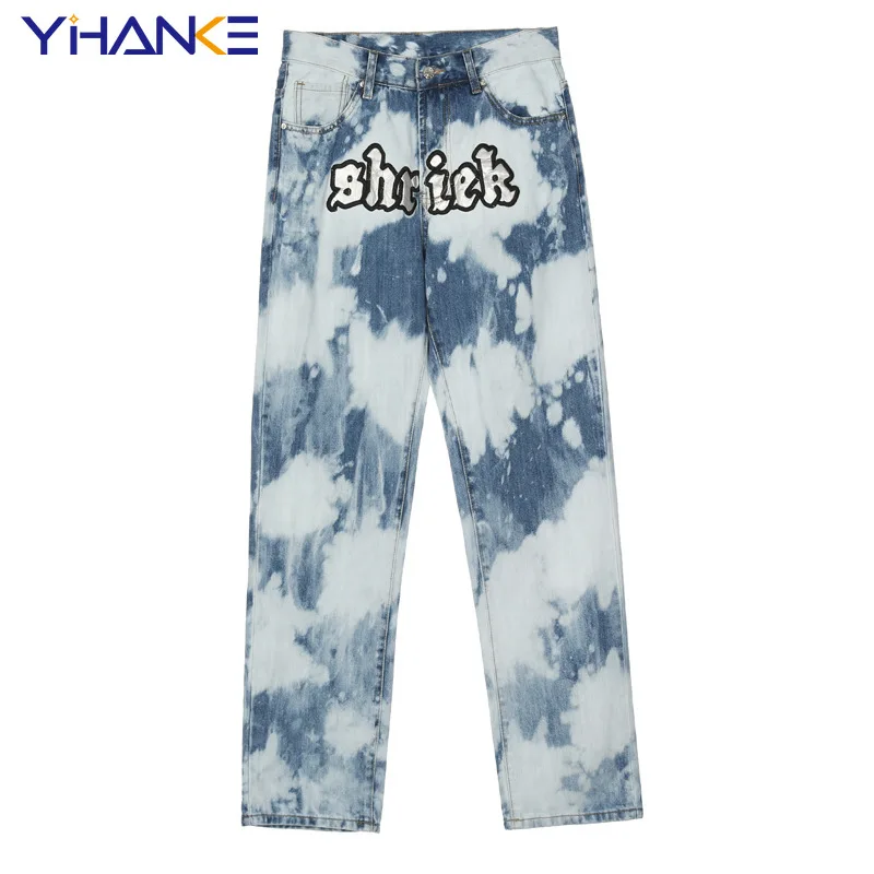 

Brand Men's Jeans Trend Retro Casual Pants Blue and White Tie-dye Gradient Color Embroidery Patch Couple Style Streetwear джинсы