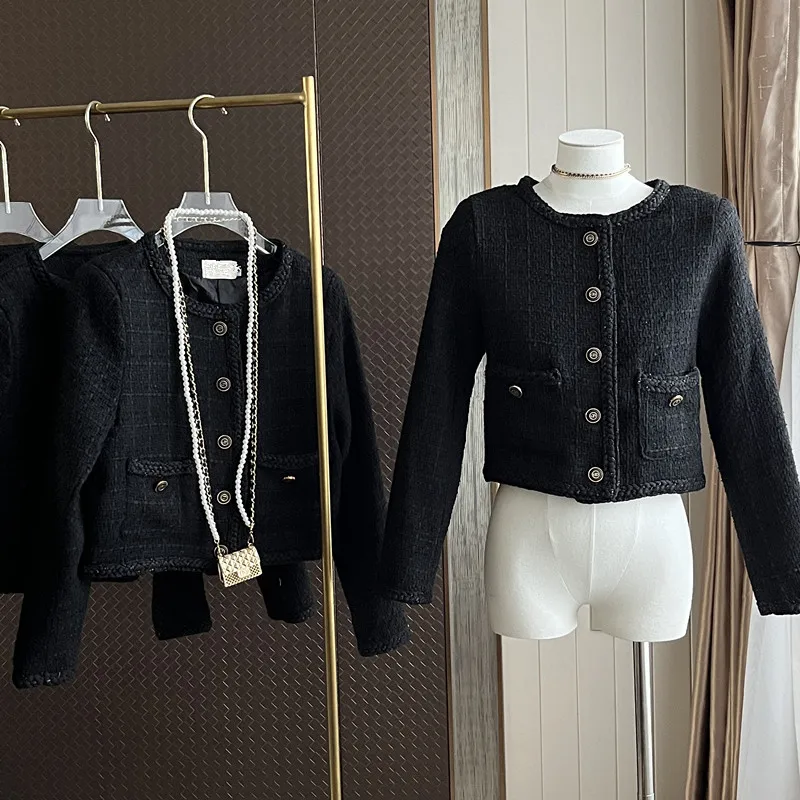 

Женское твидовое короткое пальто, черная куртка на пуговицах, Повседневная модная элегантная верхняя одежда в Корейском стиле, Осень-зима 2023