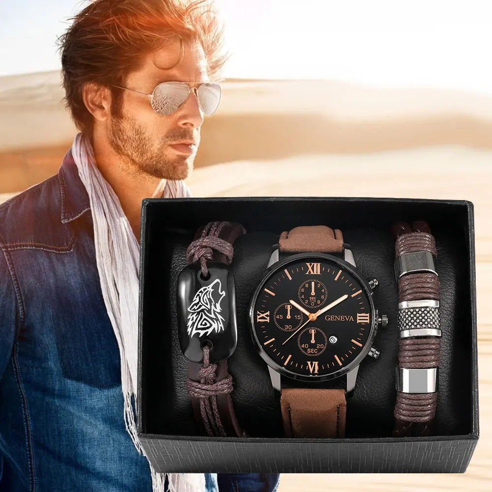 Fashion Casual Quartz Watch for Men Brown Leather Wolf Braided Watch Bracelet Gfit Set for Men Boyfriend Regalos Para Hombre