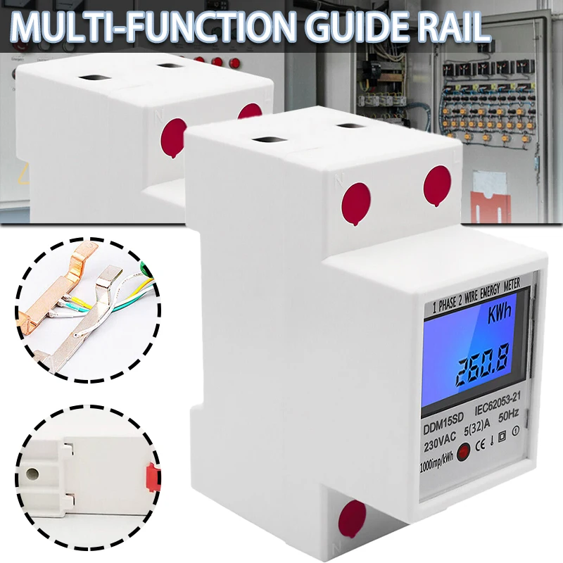 

1pc 230V 5-32A 35mm Din Rail Energy Meter LCD Display Mini AC Voltmeter Counter Electricity Power Current Digital Monitor