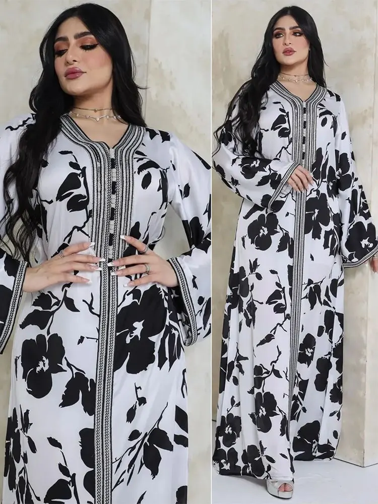 Printed Dress Moroccan Floral Kaftan Women Arabic Long Dresses Gulf Saudi Jalabiya Islam Dubai Muslim Loose Abaya White Black