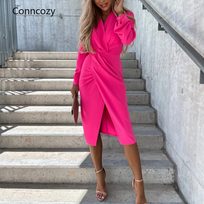 

Женское повседневное однотонное платье с разрезом, осенне-зимние элегантные приталенные платья неправильной формы с длинным рукавом, модн...