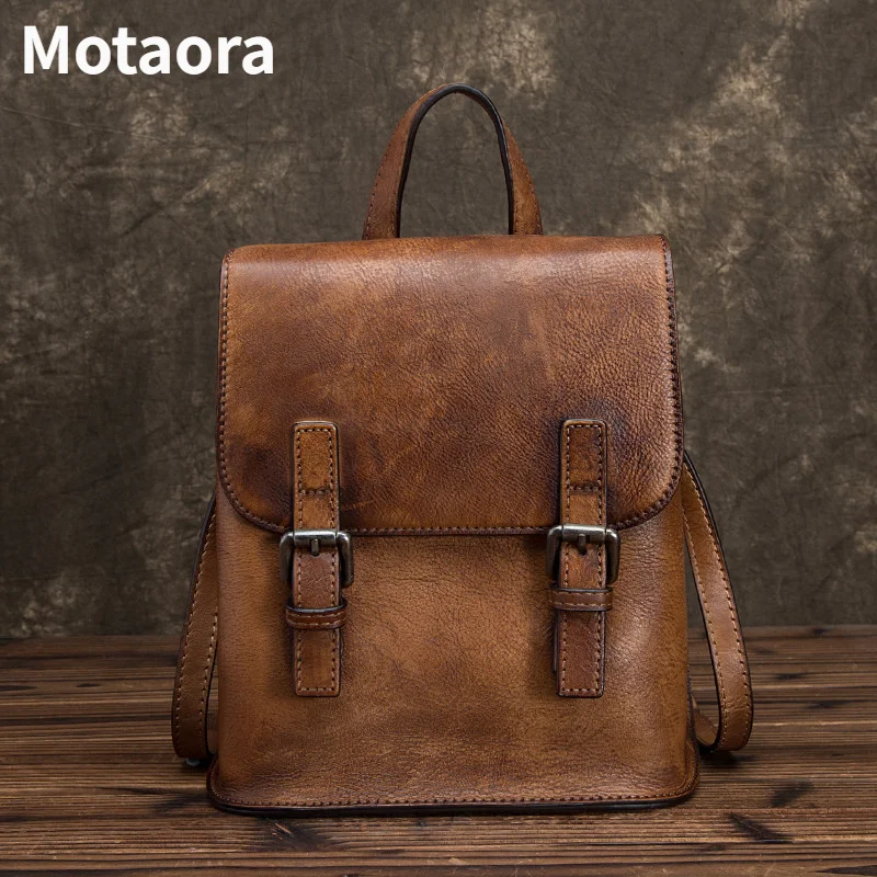 MOTAORA 2023 New Vintage Genuine Leather Women Backpacks Handmade Cowhide Girls School Luxury Bags For Teenage Female Travel Bag