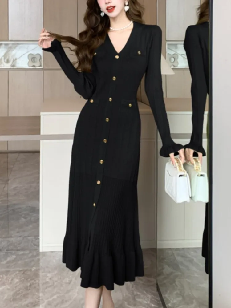 Однотонные вязаные платья для женщин Осенние однобортные шикарные повседневные