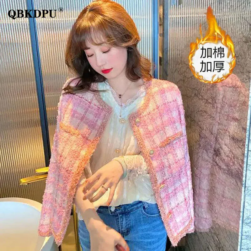 

Korean Fashion Pink Plaid Tweed Crop Jacket Women Elegant Long Sleeve Quilted Cotton Coat Vintage Fringe Luxury Design Outerwear