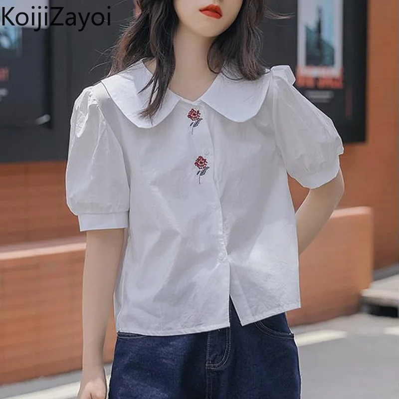 

Koijizayoi Solid Women Sweet Shirt Lady Chic Summer Puff Short Sleeves Peter Pan Collar Blouse Chic Korean Blusas Dropship