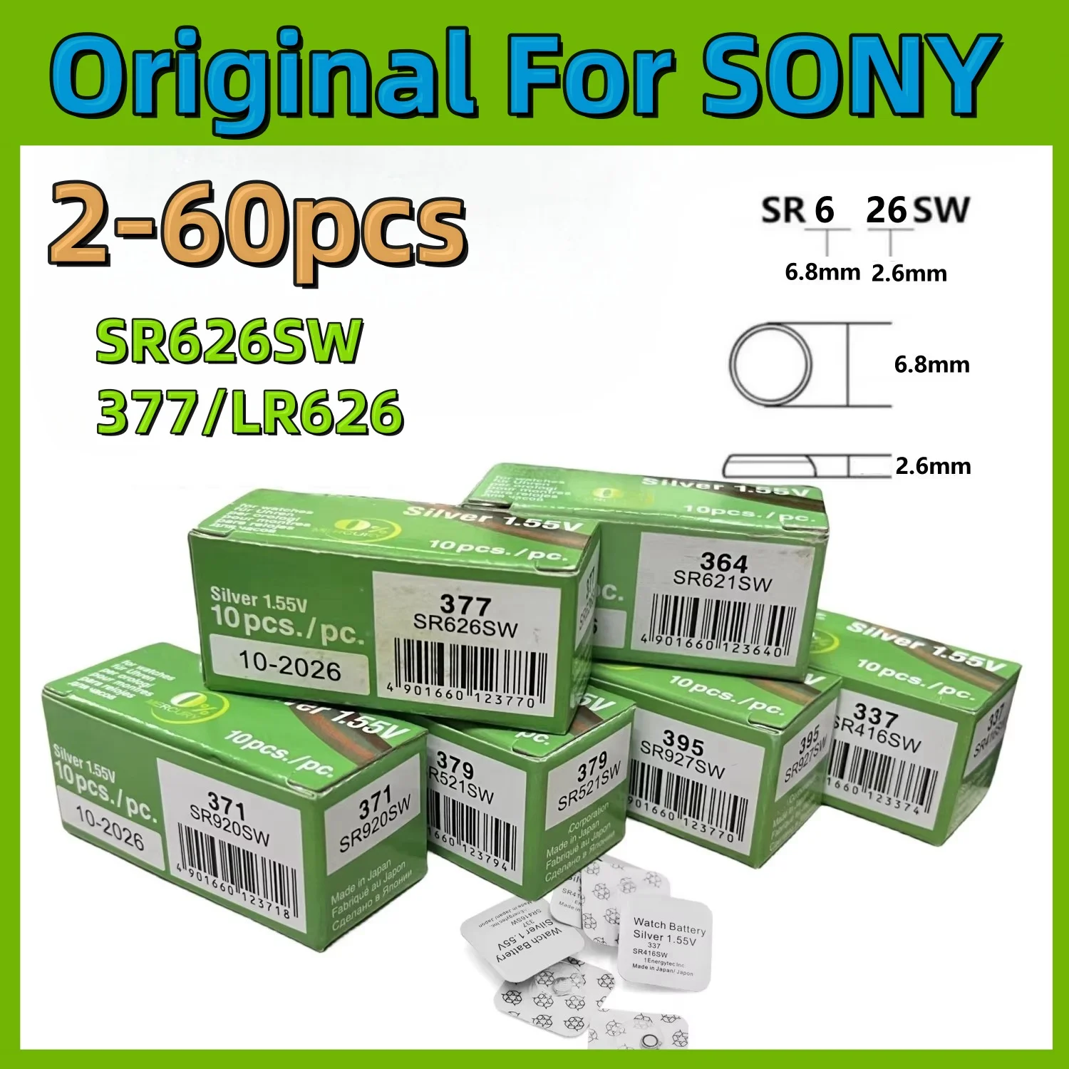 Оригинальный 2-60 шт. для SONY SR626SW LR626 AG4 батарейки LR66 377 377A щелочная батарея часов
