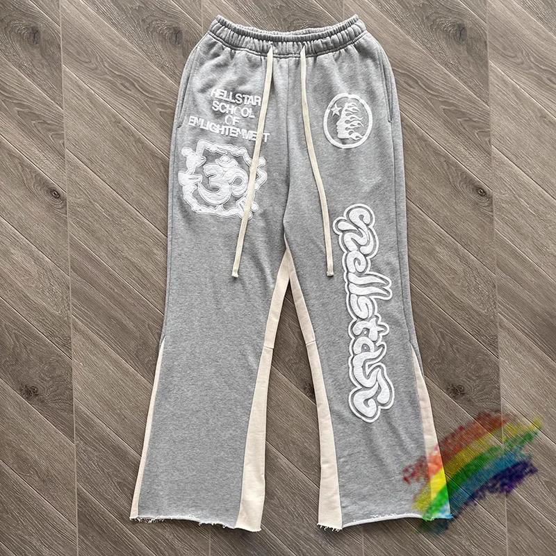 

Брюки спортивные в стиле пэчворк с пышным принтом Hellstar, для мужчин и женщин, серые винтажные расклешенные брюки-джоггеры на шнуровке