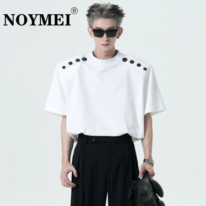 

NOYMEI Button design white round neck short sleeved men's 2023 summer shoulder pad simple loose T-shirt trend top fashion WA1523