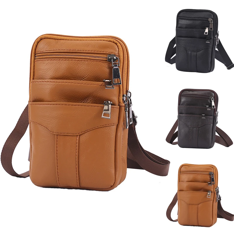 

Mens Shoulder Bag Cell Phone Crossbody Purse Phone Holster Case Genuine Leather Belt Waist Bags Pouch Small Messenger Slim Bag