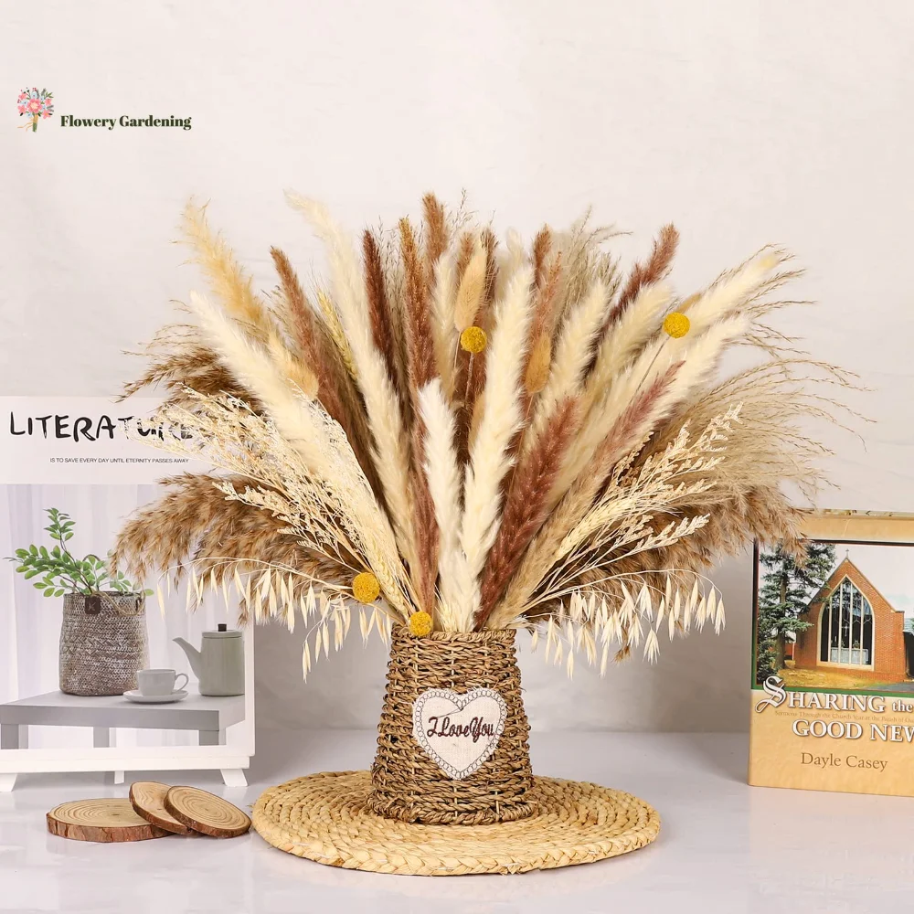 

100PCS Fluffy Cream Pampas Grass Bouquet Boho Party Accessories Natural Dried Flowers Nordic Home Garden Decoration Real Wheat