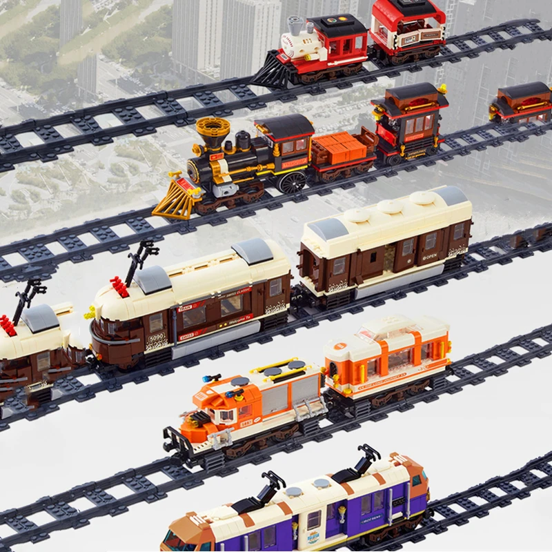 

Трек поезда в ретро стиле MOC, строительные блоки, модель, подарок на день рождения, мужские наборы, тренировочные игрушки для мозга, имитация ...