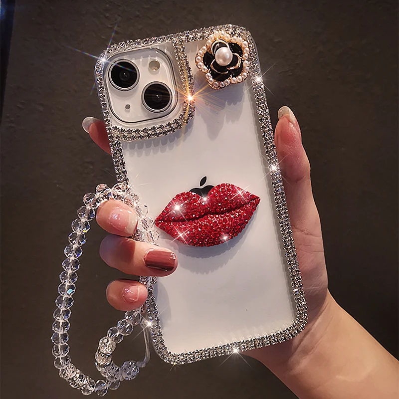 For Iphone14 Pro Case Red Lips Glitter Diamond Phone Cases For Funds Iphone 13Promax 12Mini 11 7 8  X XR XS Soft Silicone Cover