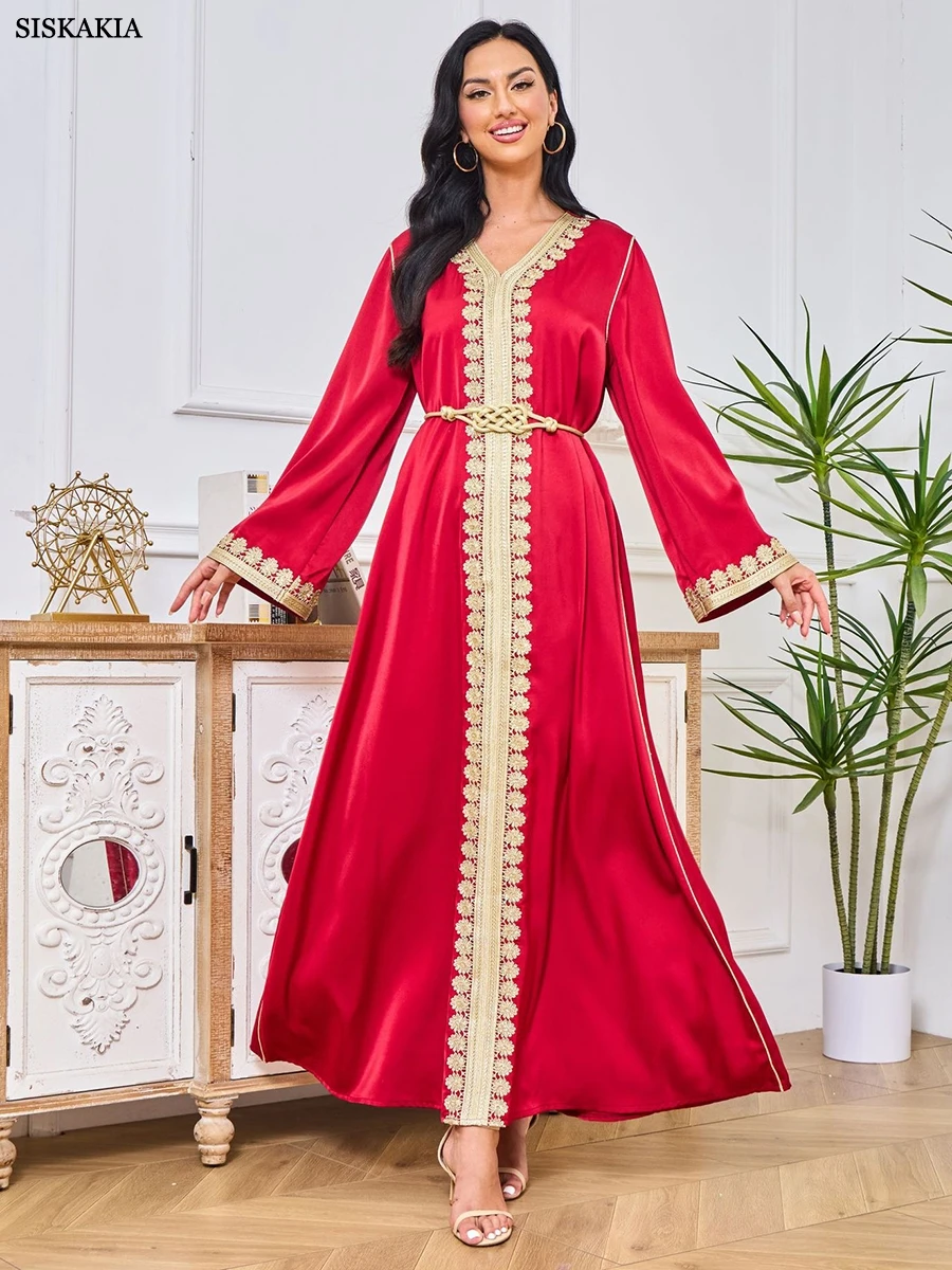 

Siskakia Muslim Abaya For Women Long Dresses Dubai V-Neck Full Sleeve Belted Clothing Elegant Casual Arab Costumes Female