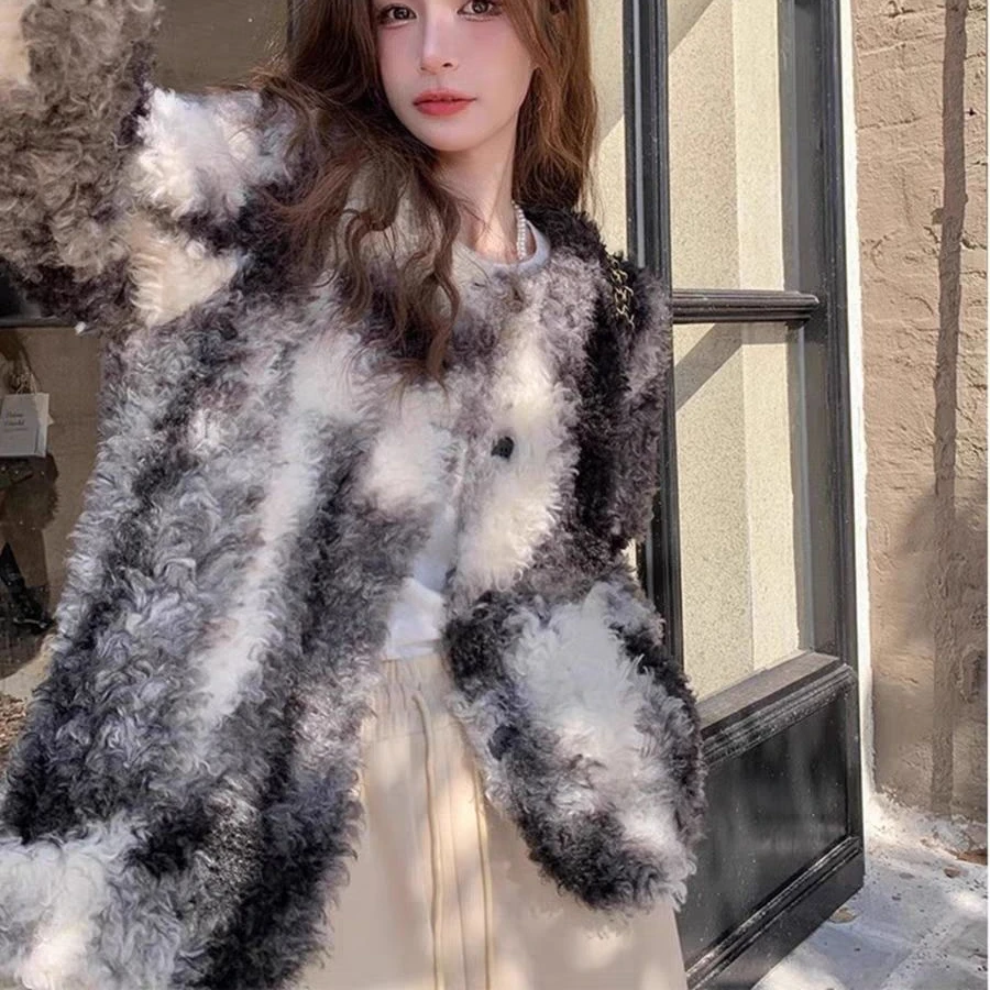 Женская пушистая куртка из искусственного ягненка с принтом меховое пальто зима