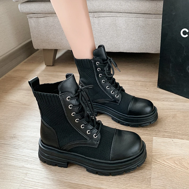 

Женские ботинки со шнуровкой, Дизайнерские ботильоны на резиновой подошве, с круглым носком, Осень-зима 2022