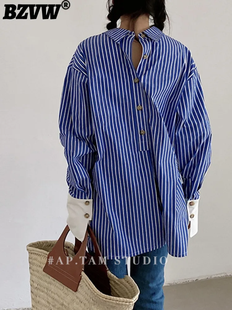 

BZVW Fashion Designer Blue And White Striped Shirts Women's 2023 Spring And Autumn New Trend Versatile Shirt Female Clothes