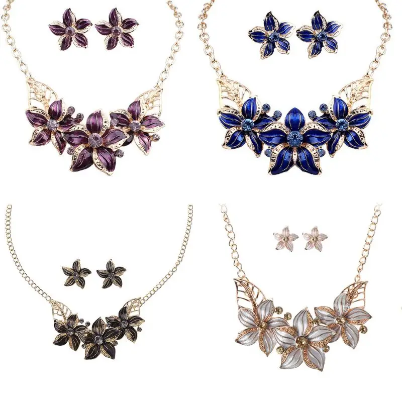 

41XF Fashion Women Gold Plated Crystal Flower Statement Necklace Earrings Jewelry Set