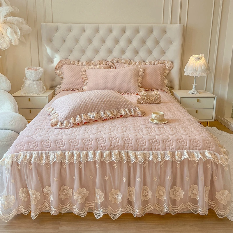Роскошная розовая утолщенная бархатная юбка для кровати цветочное кружево