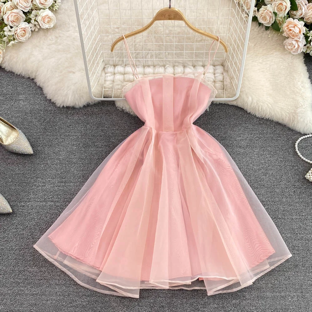 

Super Fairy Girls Sweet Waist Narrow Dress Age Reduce Women Cute Short Puffy Suspender Strapless Dress Summer Holiday Dress