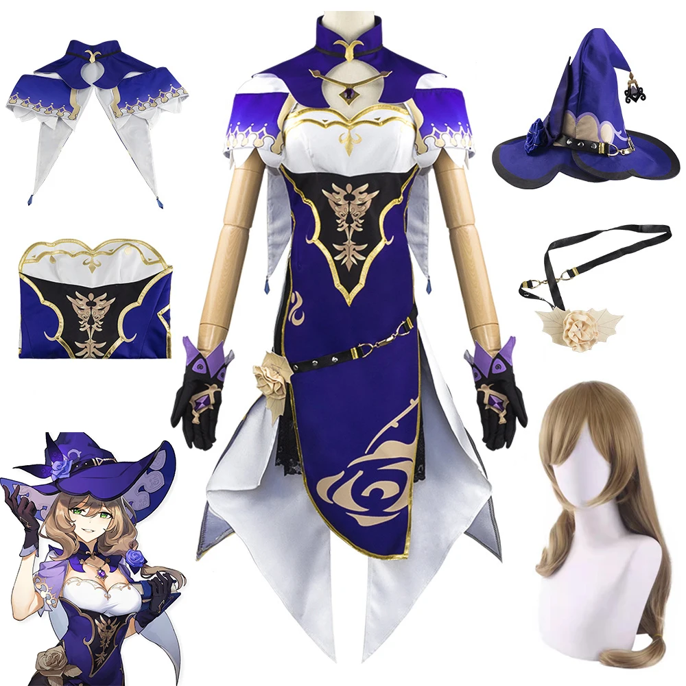 

Костюм для косплея Genshin Impact Lisa, комплект униформы розы, ведьмы, аниме-игра, косплей, фиолетовое платье, шляпа, женская одежда для хэллоуивечер...