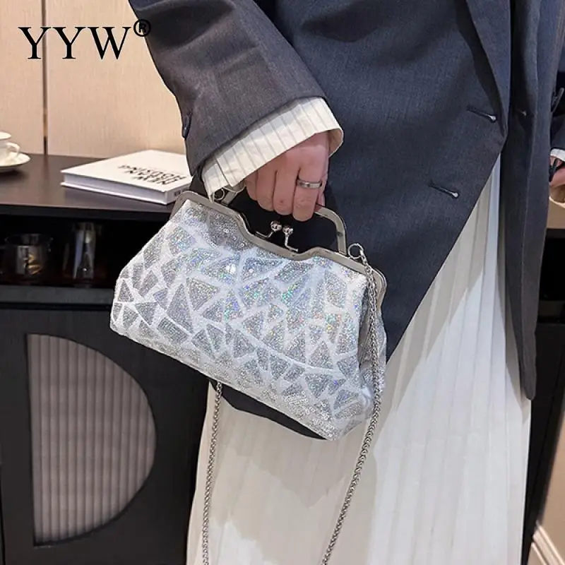 INS Colorful Sequins Women Handbag Gradient Geometric Clutch Bag Fashion Ladies Metal Chain Crossbody Shoulder Clip Buckle Purse