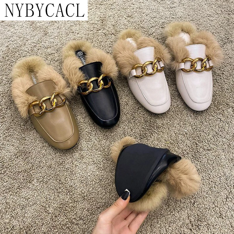 

2022 New Winter Fur Muller Shoes Woman Slippers Women Sexy Chain Ladies Round Toes Keep Warm Indoor Shoe Flattie Vulcanized Shoe