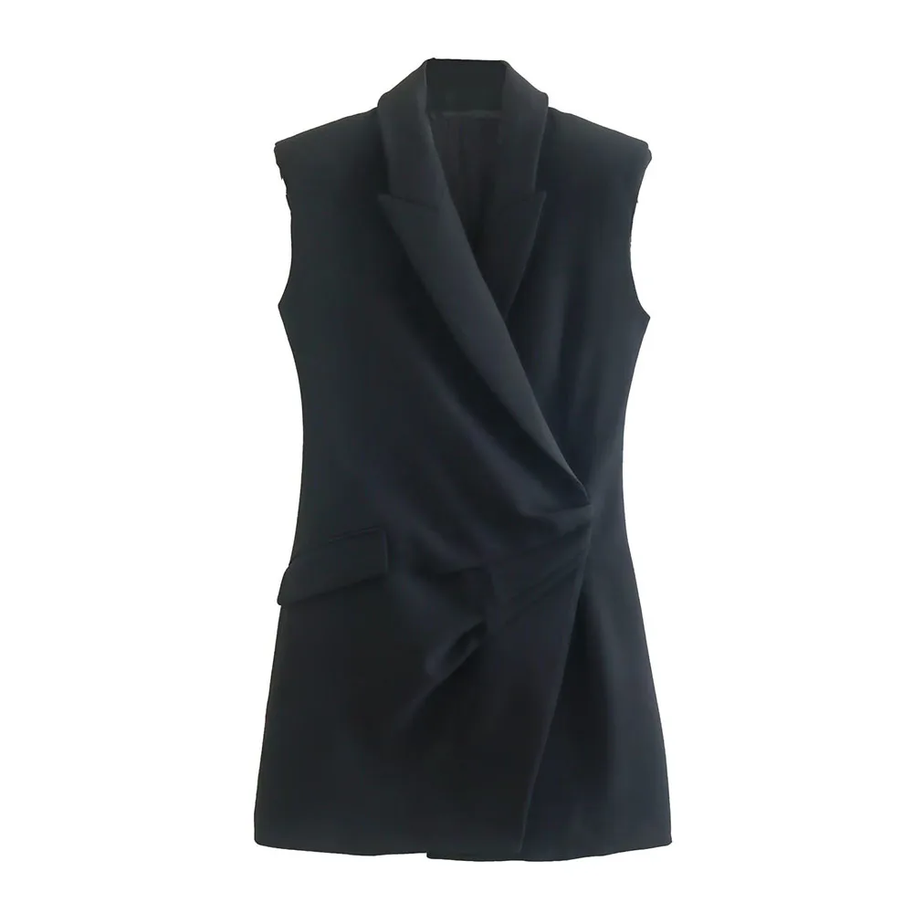 

New women's versatile black lapel sleeveless waist pleated double placket mini dress in autumn