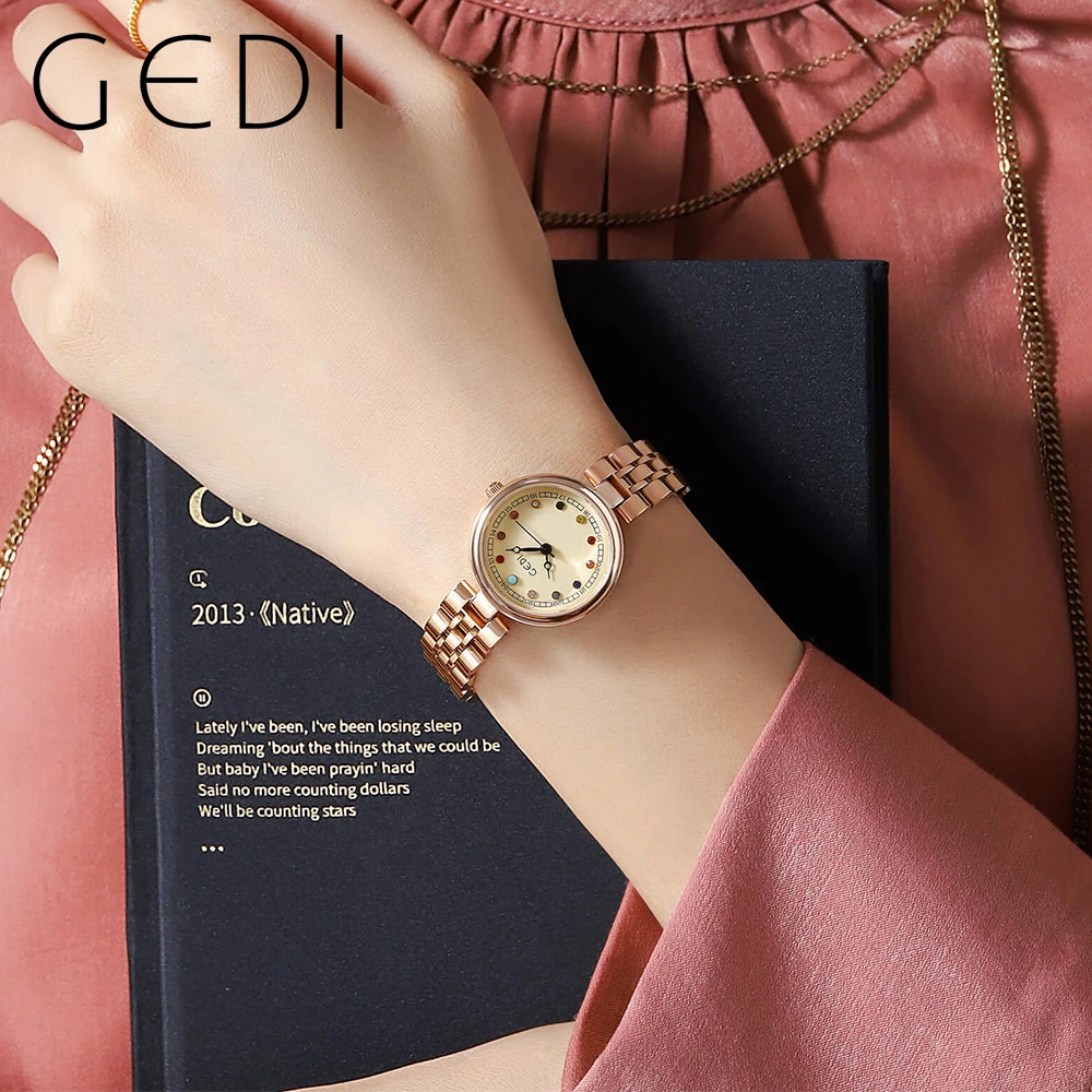 GEDI Waterproof Rose Gold Women Watches Luxury Color-diamond Scale Stainless Steel Strap Fashion Quartz Wrist watches Woman 2023