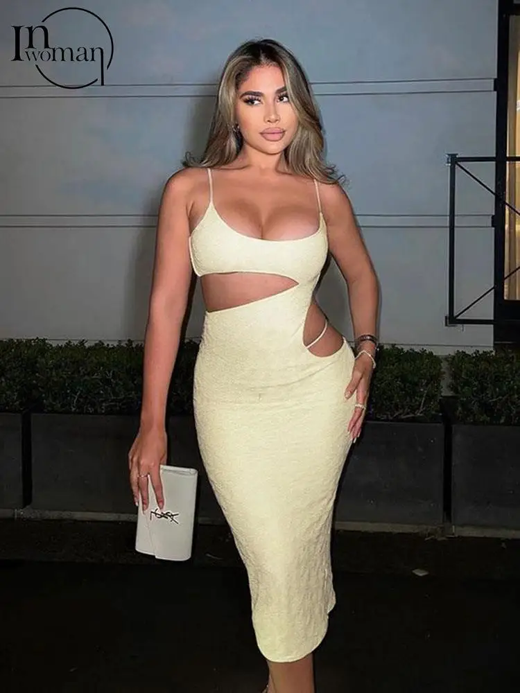 

INWOMAN Summer Maxi Dresses For Women 2022 Backless Hollow Out Asymmetrical Split Cami Bodycon Dress Sexy Brown Party Dress