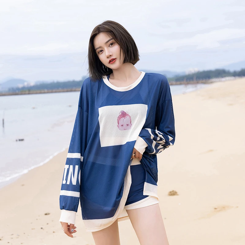 

Women Swimsuit 3 Pieces Bikini Sets Mesh Long Sleeve Cover Up Push Up Bathing Suit Sexy High Waist Shorts Beach Sports