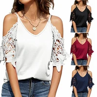 womens t shirt shirt lace hollow sleeve v neck top solid half sleeve loose off shoulder strap top pullover spaghetti straps top