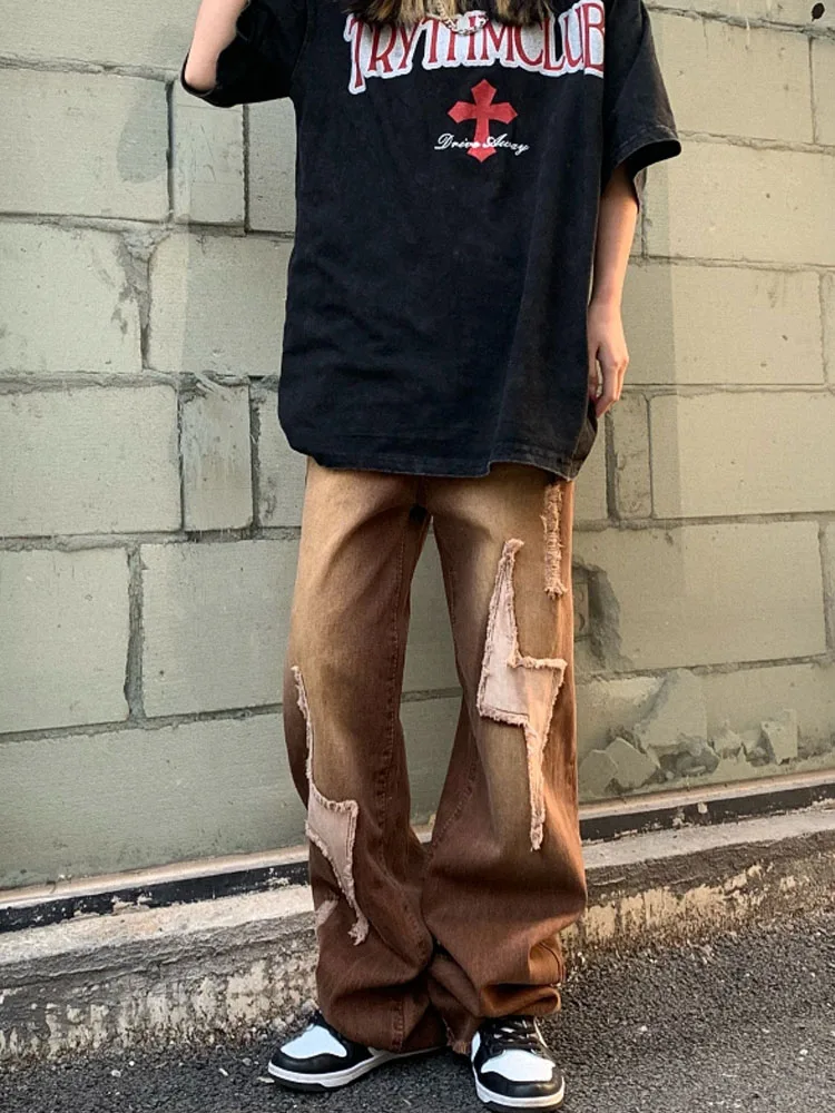 

Streetwear Tooling Harajuku Straight Loose Casual Pant Fashion Hole Design Street Denim Contrasting Colors Trouser Wide Leg Pant