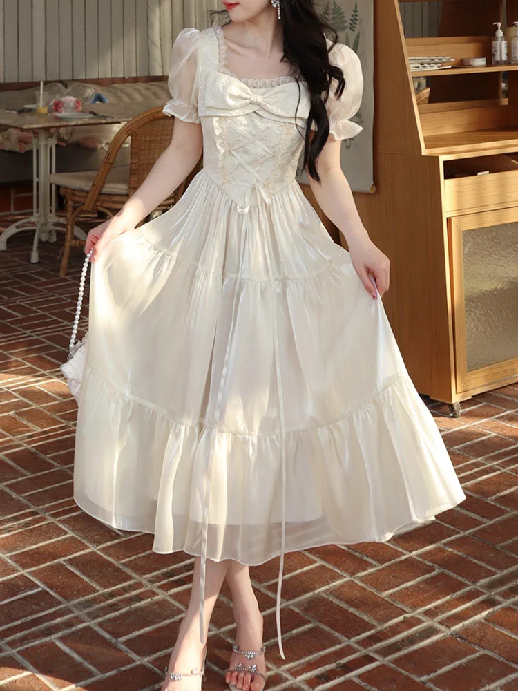

Sutumn 2023 French Vintage Elegant Fairy Dress Women Sweet Korean Style Fairy Dress Short Sleeve Evening Party Midi Dresses