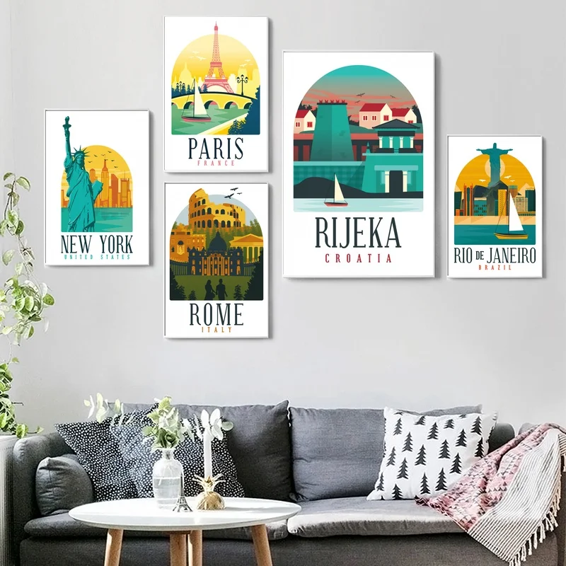 

Ретро Винтажный Нью-Йорк, Париж, Риека, Рио-Бразилия, Рим, плакат и печать на холсте, настенное искусство, домашний декор