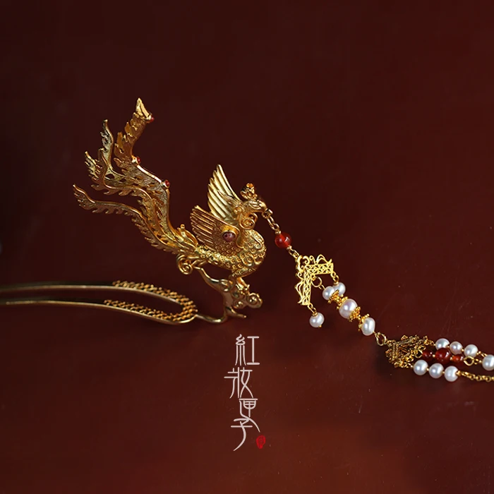 

Phoenix Theme Red Agate Tassel Hairpin Traditional Chinese Style Double-faced Golden Fringe Vintage Hanfu Cheongsam Accessories