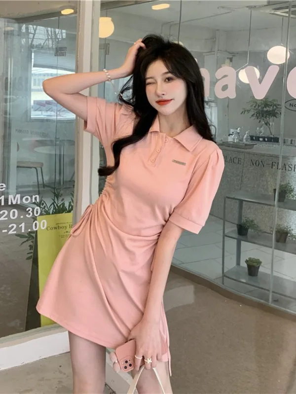 Женское платье-поло с воротником Новинка весна-лето 2024 пояс кулиской для