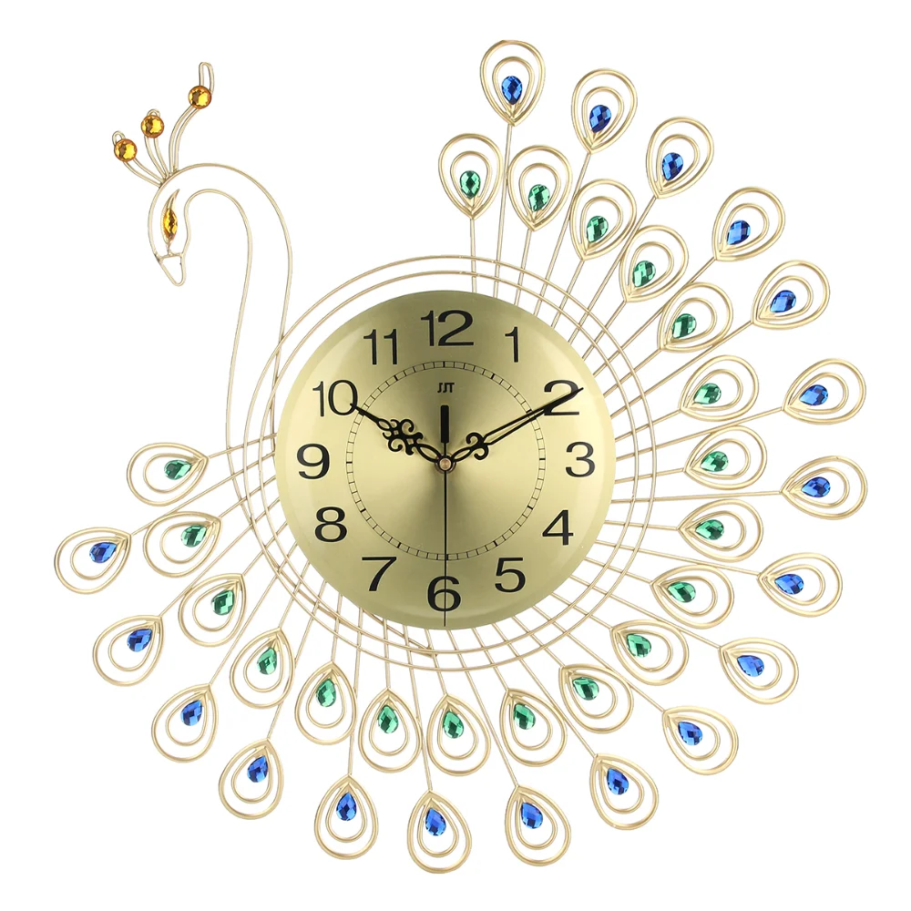 

Large 3D Gold Diamond peacock Wall Clock Metal Watch for Home Living Room Decoration DIY Clocks Ornaments 53x53cm