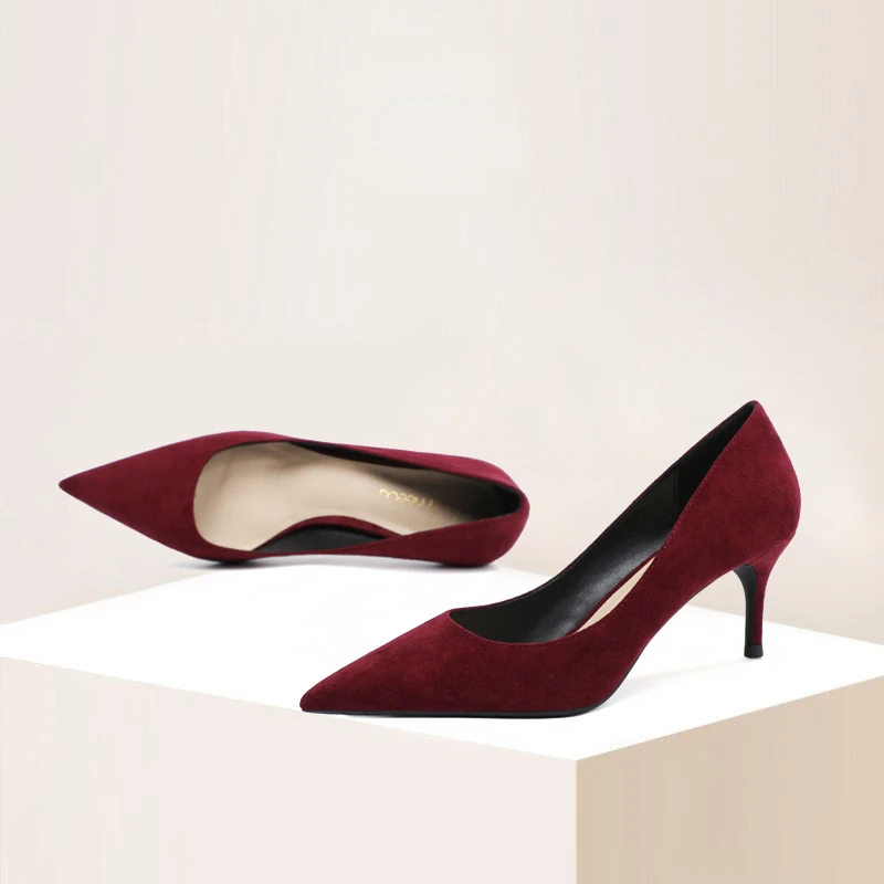 Suede wine red high heels women 2022 spring autumn new sexy pure color 6cm pointed toe pumps slip-on daily wear work shoes