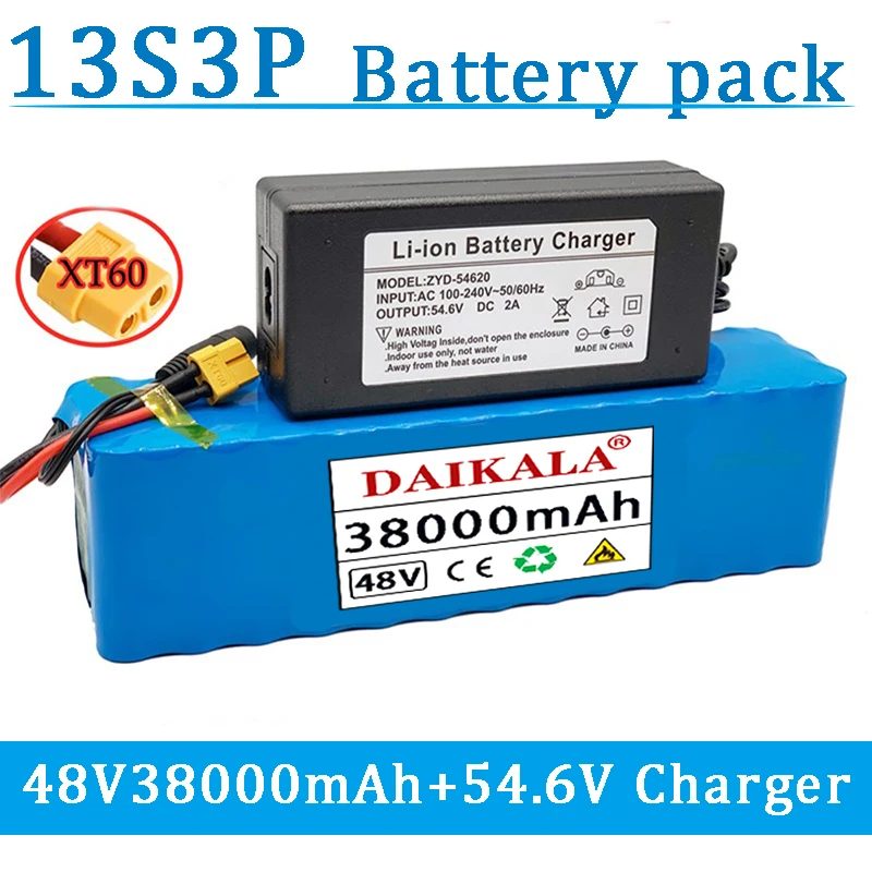 

New 13S3P 48V 38Ah XT60 1000W lithium-ion battery, suitable for 54.6V electric bicycles and scooters, with BMS+54.6V2A charger