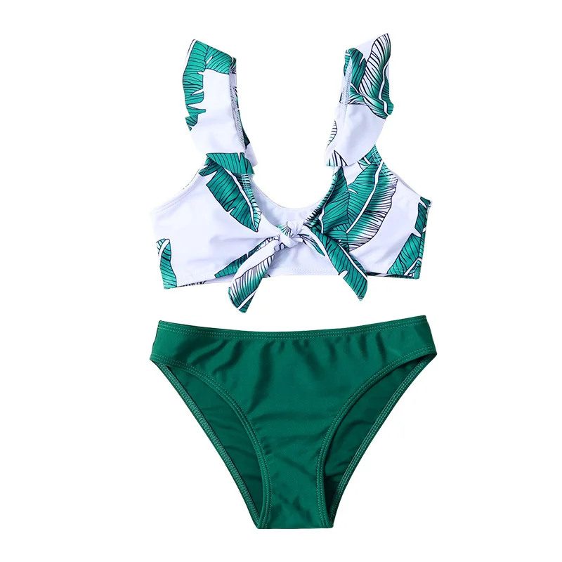 

2022 European and American Stype Leaf Print Bikini Ruffled Girls' Swimsuit Children's Swimwear Ladies Bathing Suit Two Pieces